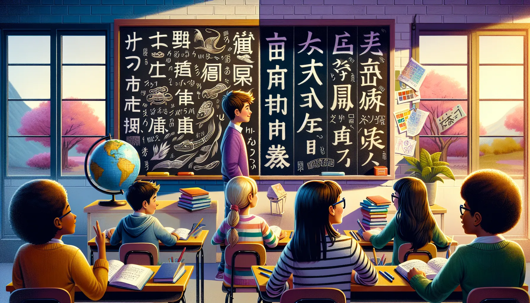 students learning differences between Japanese and Chinese writing systems in a classroom.