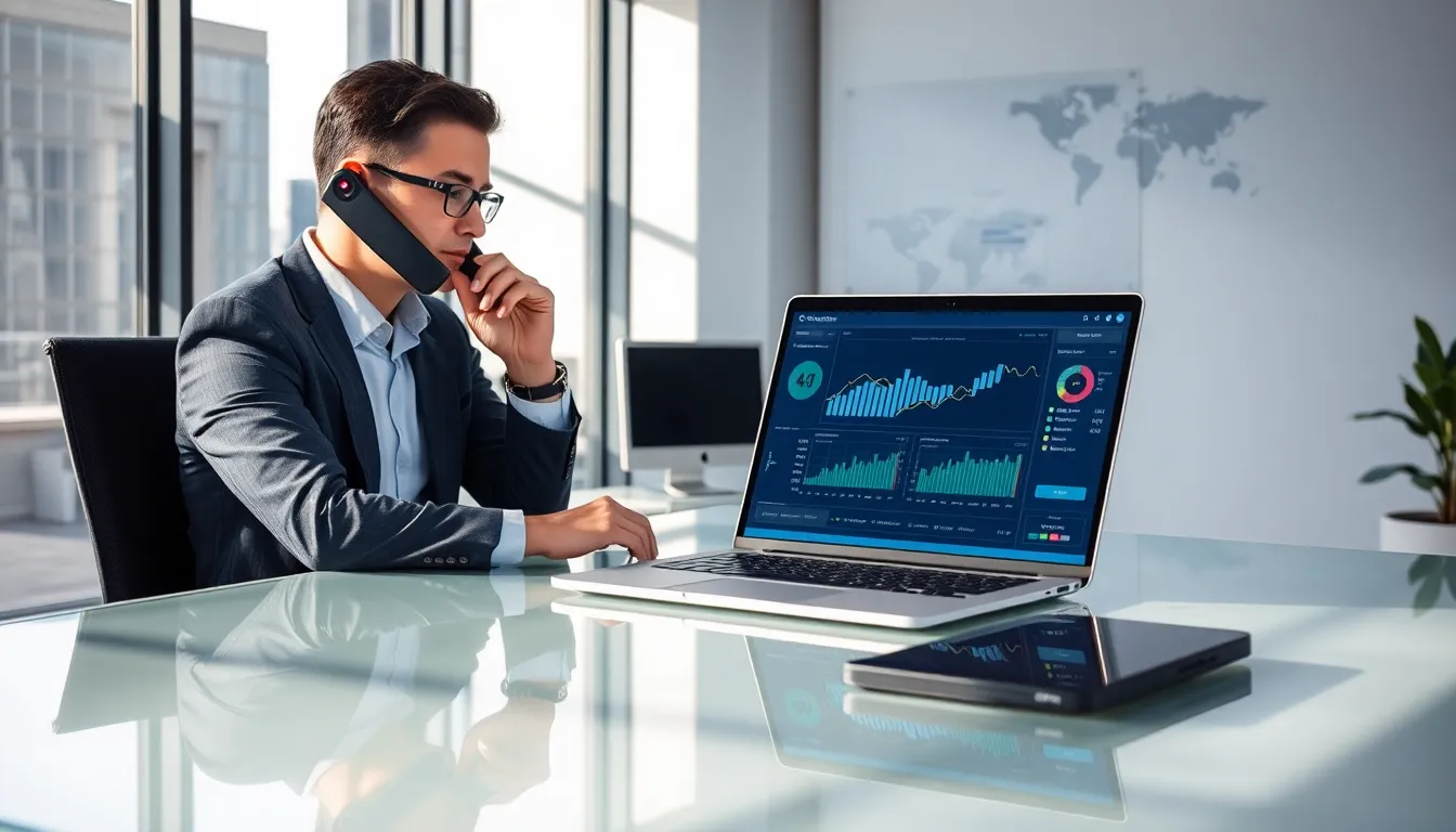 professional analyzing phone call data in a modern office.