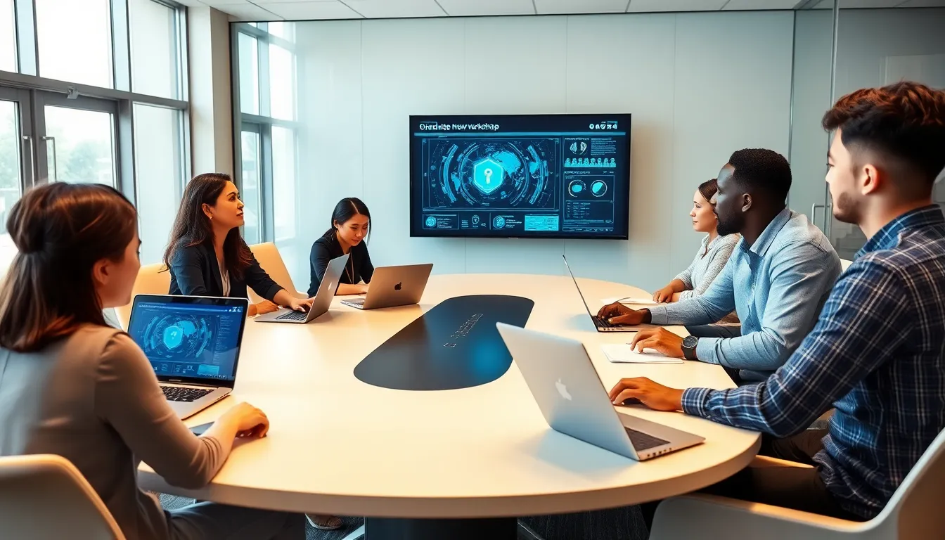 diverse students in a cybersecurity workshop collaboration.