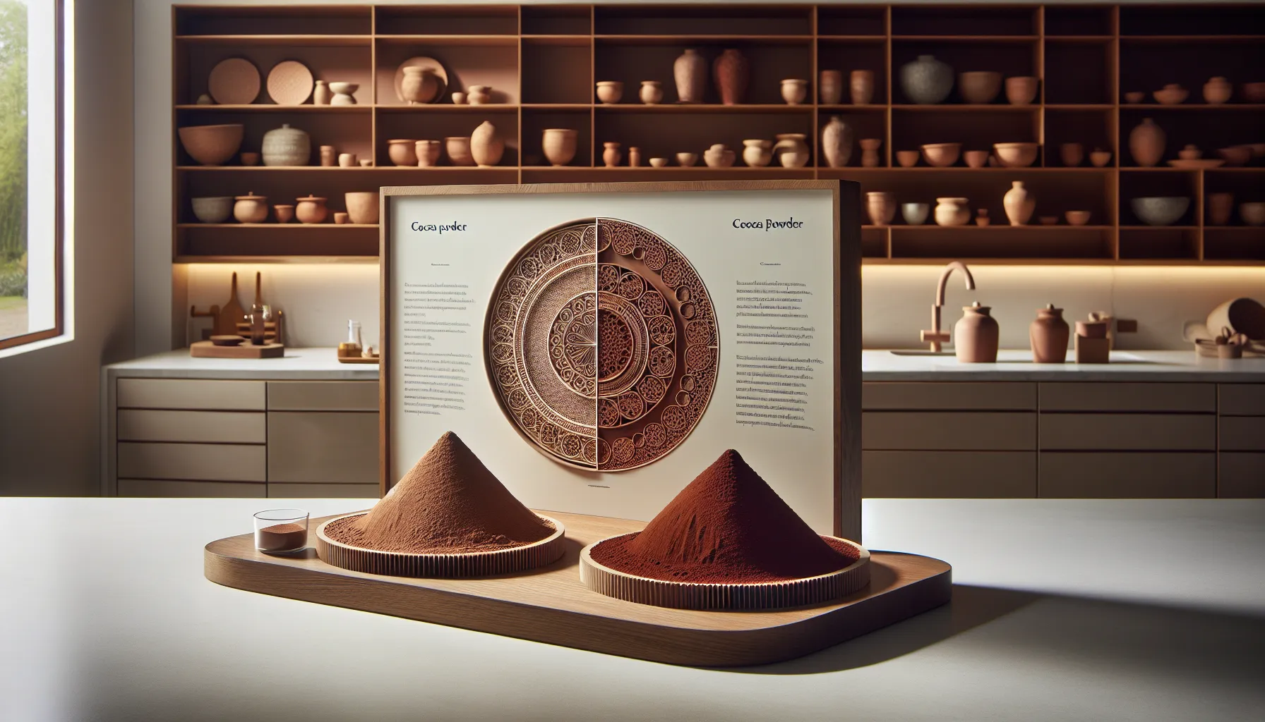 A comparison of cacao and cocoa powders on display in a kitchen setting.