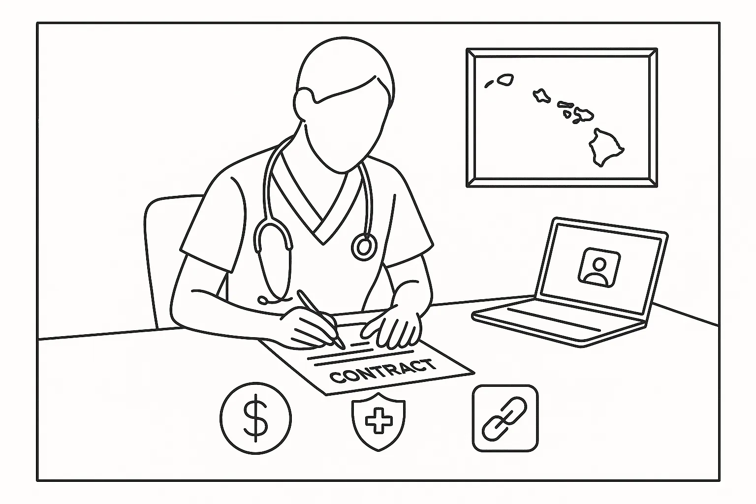 Nurse practitioner at desk reviewing a contract with icons for pay, insurance, and covenant.