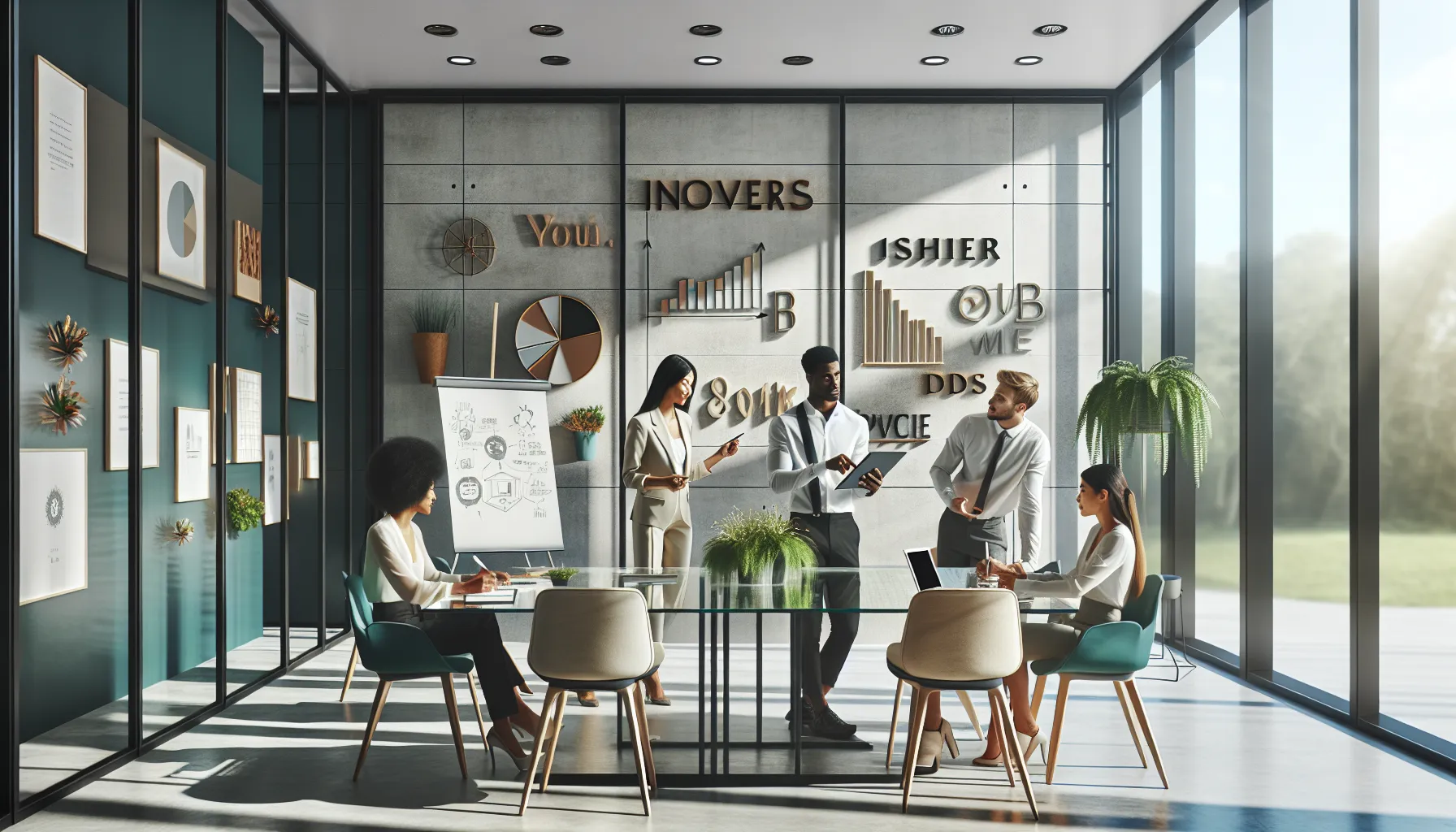 diverse professionals collaborating in a modern office setting.