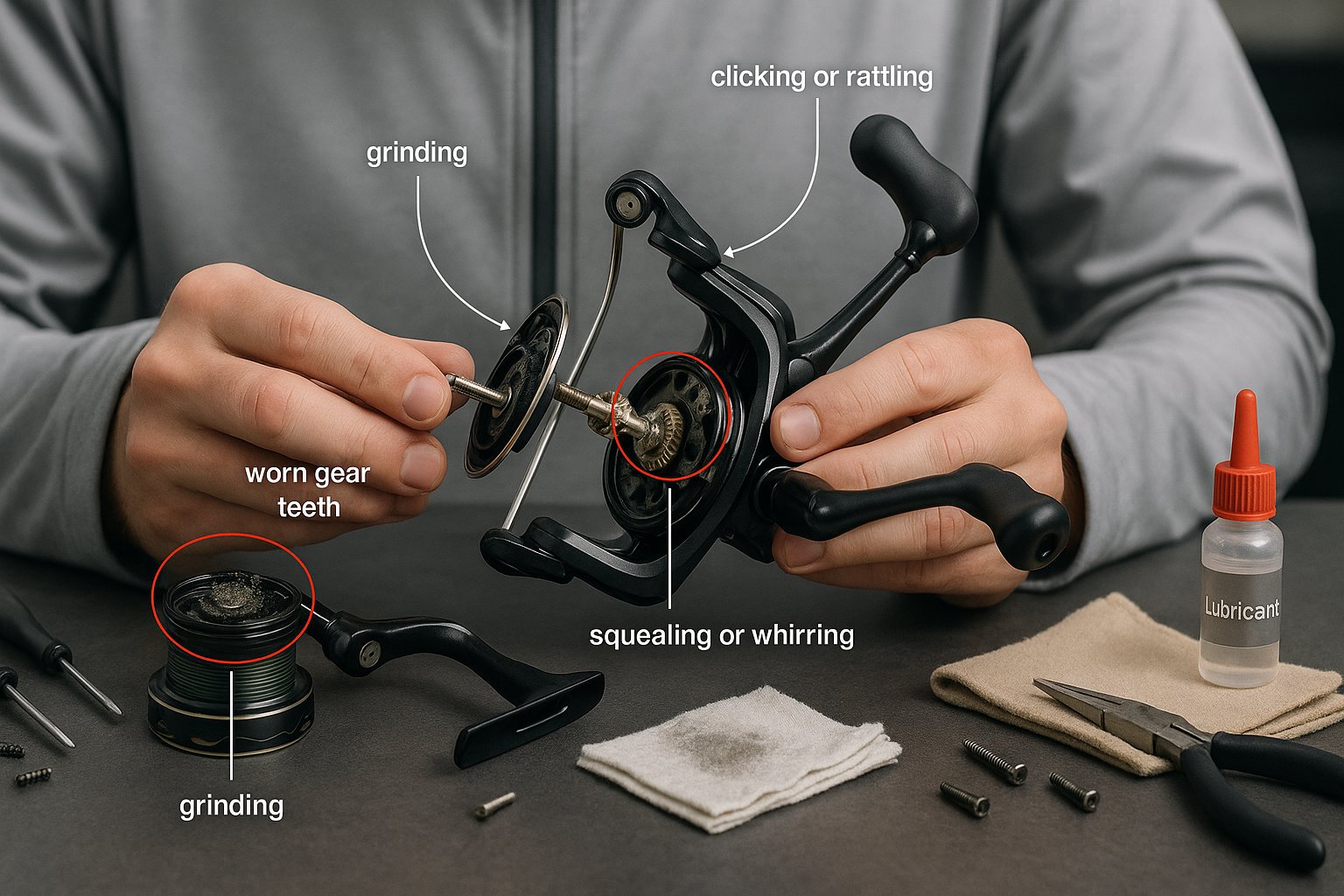 Fishing reel being inspected for grinding, clicking, and squealing noise issues.
