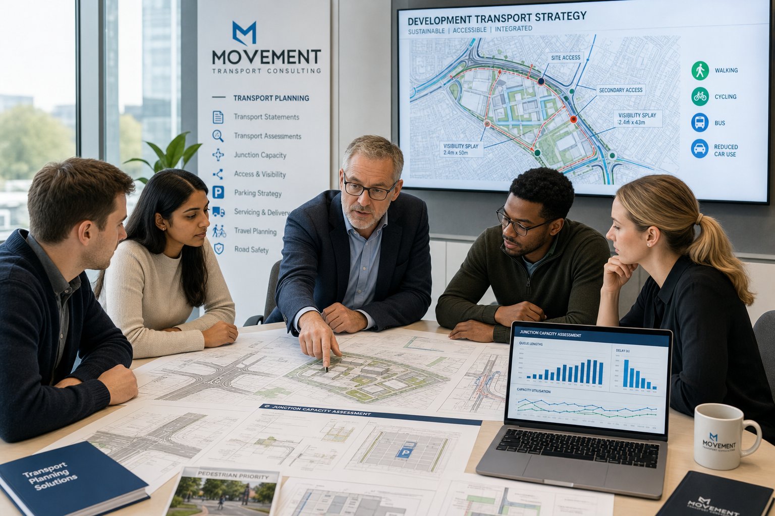 UK traffic consultants reviewing transport plans and junction analysis in a modern office.