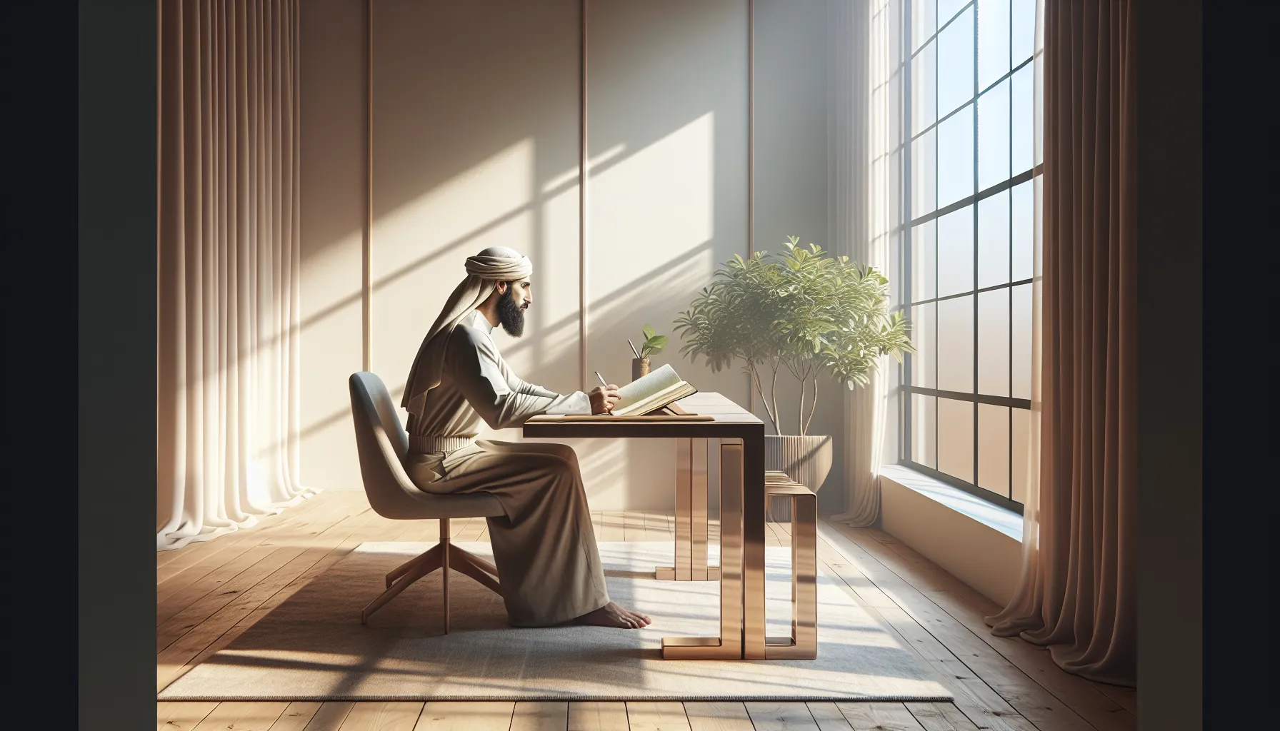 a minimalist workspace featuring a person in quiet reflection.