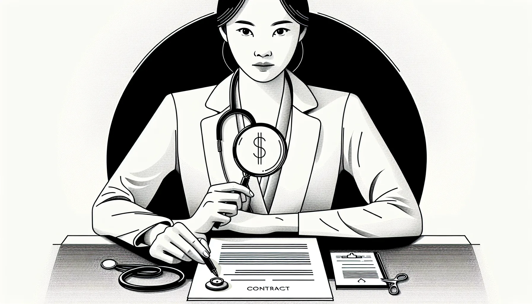 Physician examining a contract with a magnifying glass and red-flag icons.