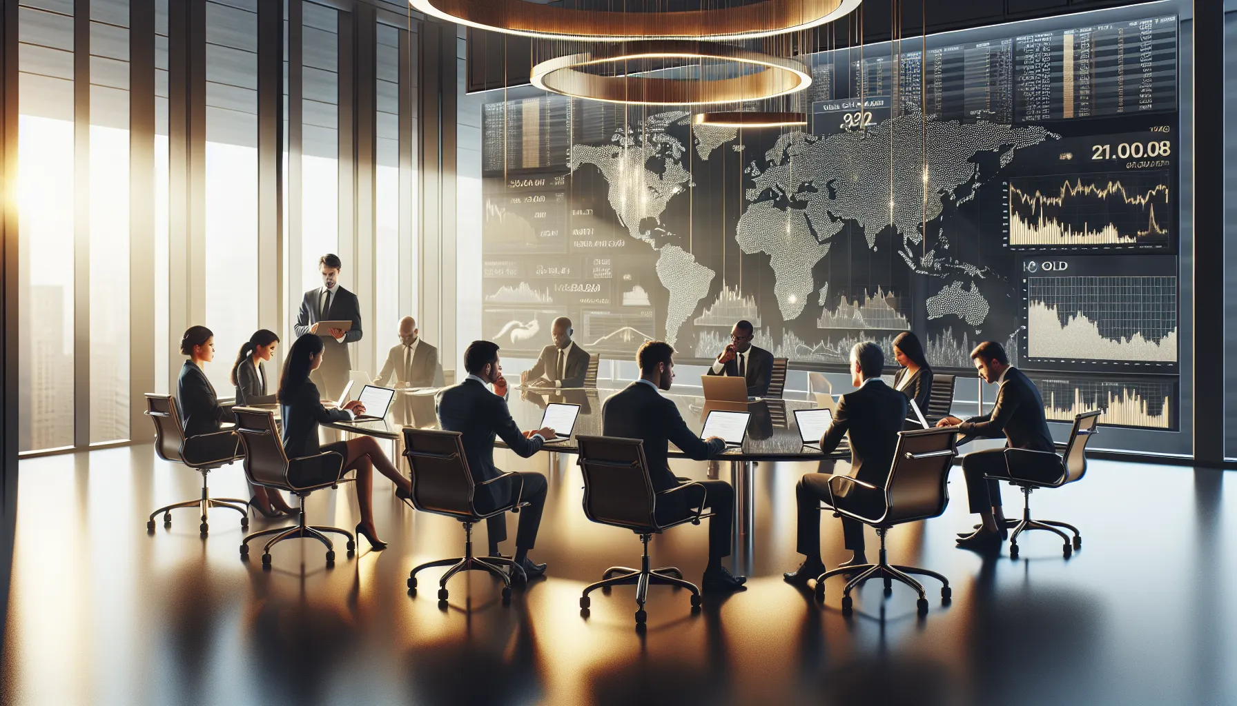 diverse professionals analyzing gold market trends in a modern office.