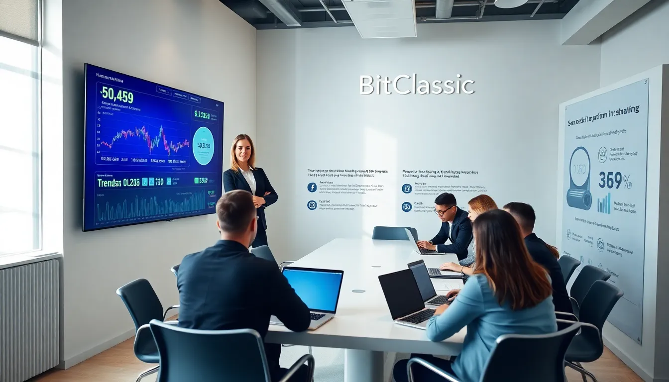 Stacy Klinger in a modern office discussing cryptocurrency with colleagues.