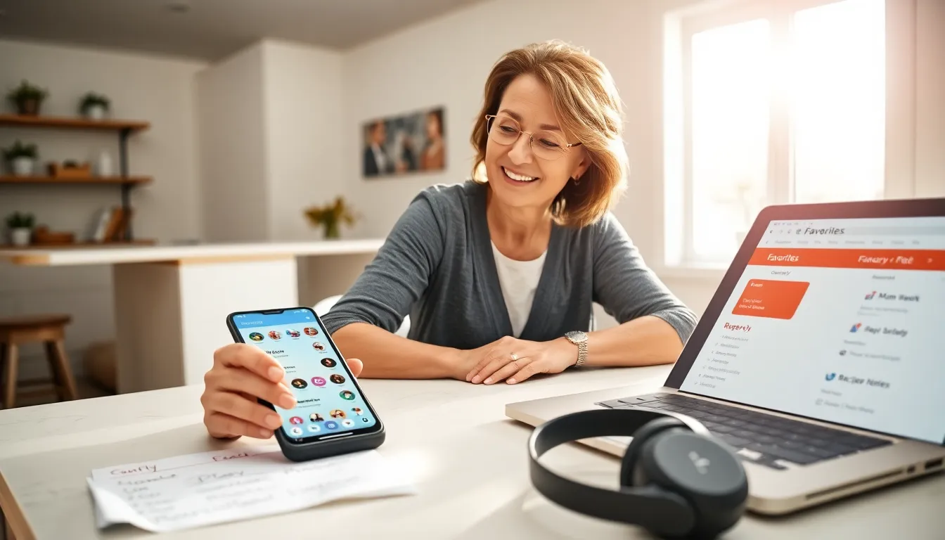 Person tapping a smartphone favorites screen at a sunny kitchen island.