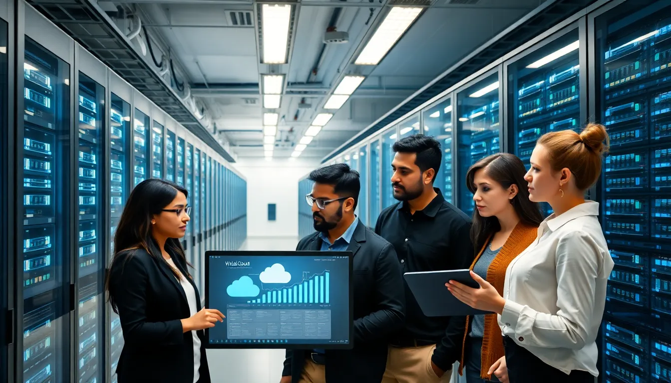 data center with diverse professionals discussing cloud computing infrastructure.