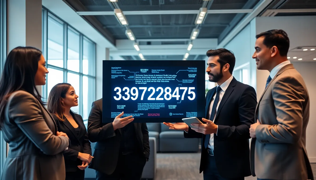 professionals discussing the significance of the number 3391228475 in an office.