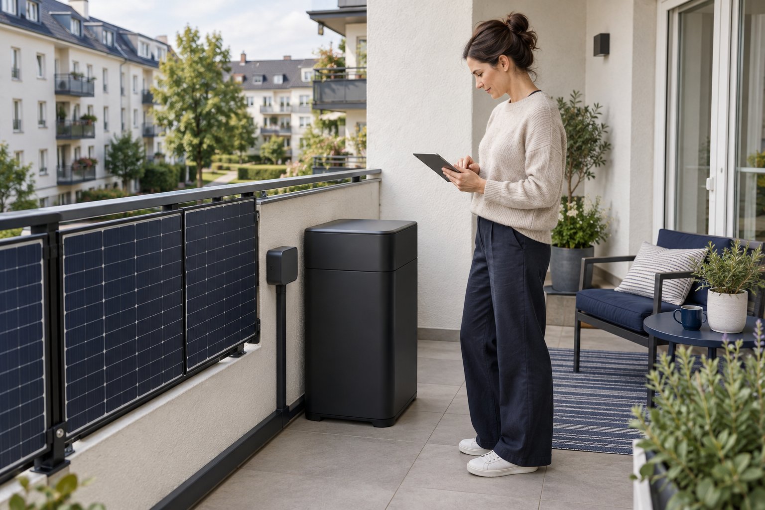 Hausbesitzer prüft einen Batteriespeicher neben vorhandenen Balkonkraftwerk-Solarmodulen