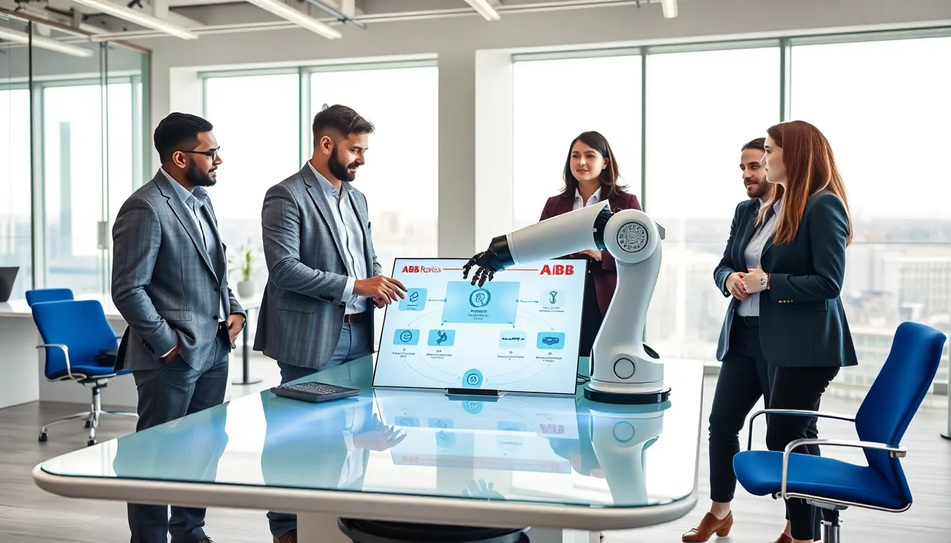 diverse team discussing robotics in a modern office.