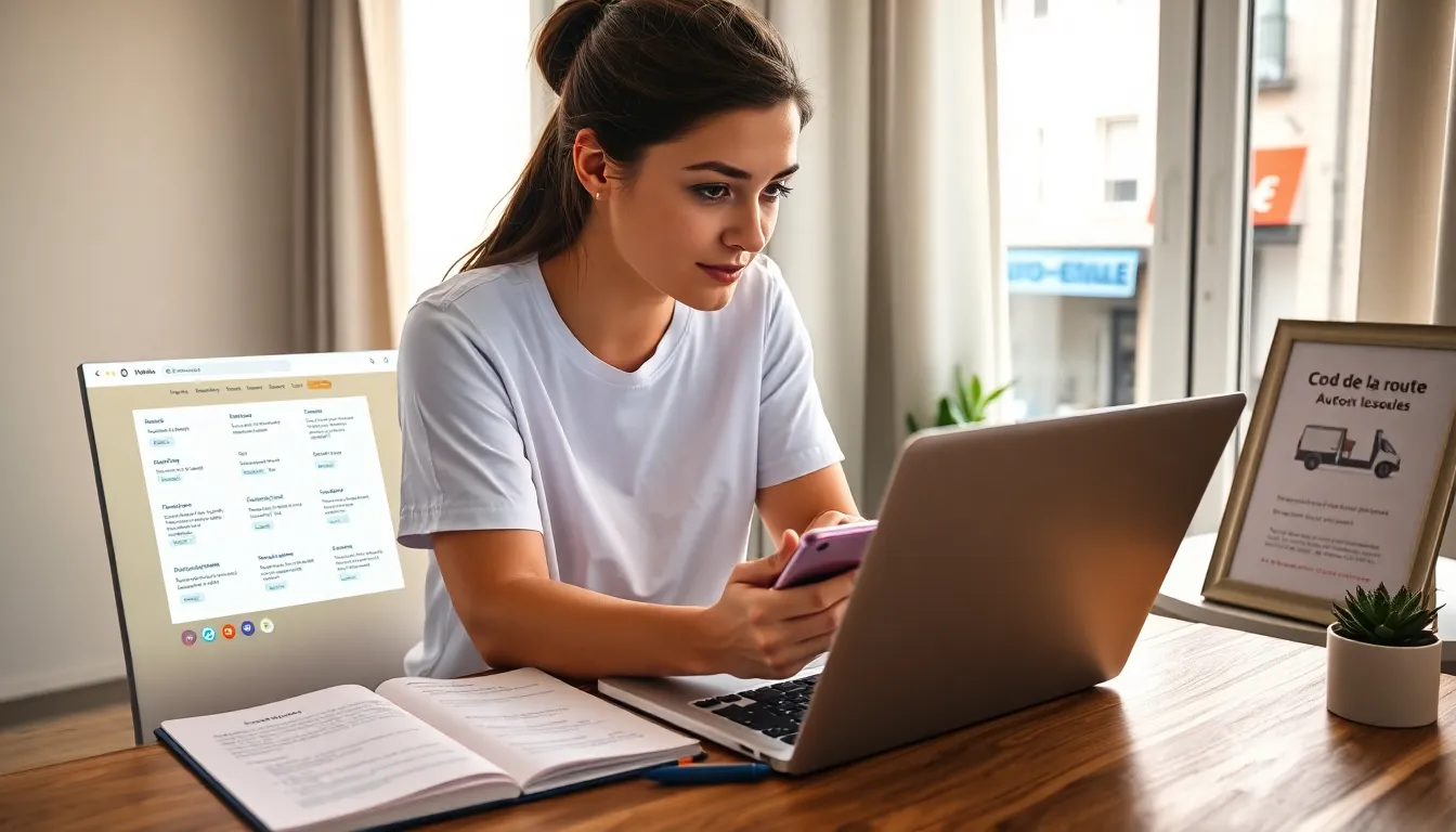 Young woman studying for French driving permit on laptop at home desk.