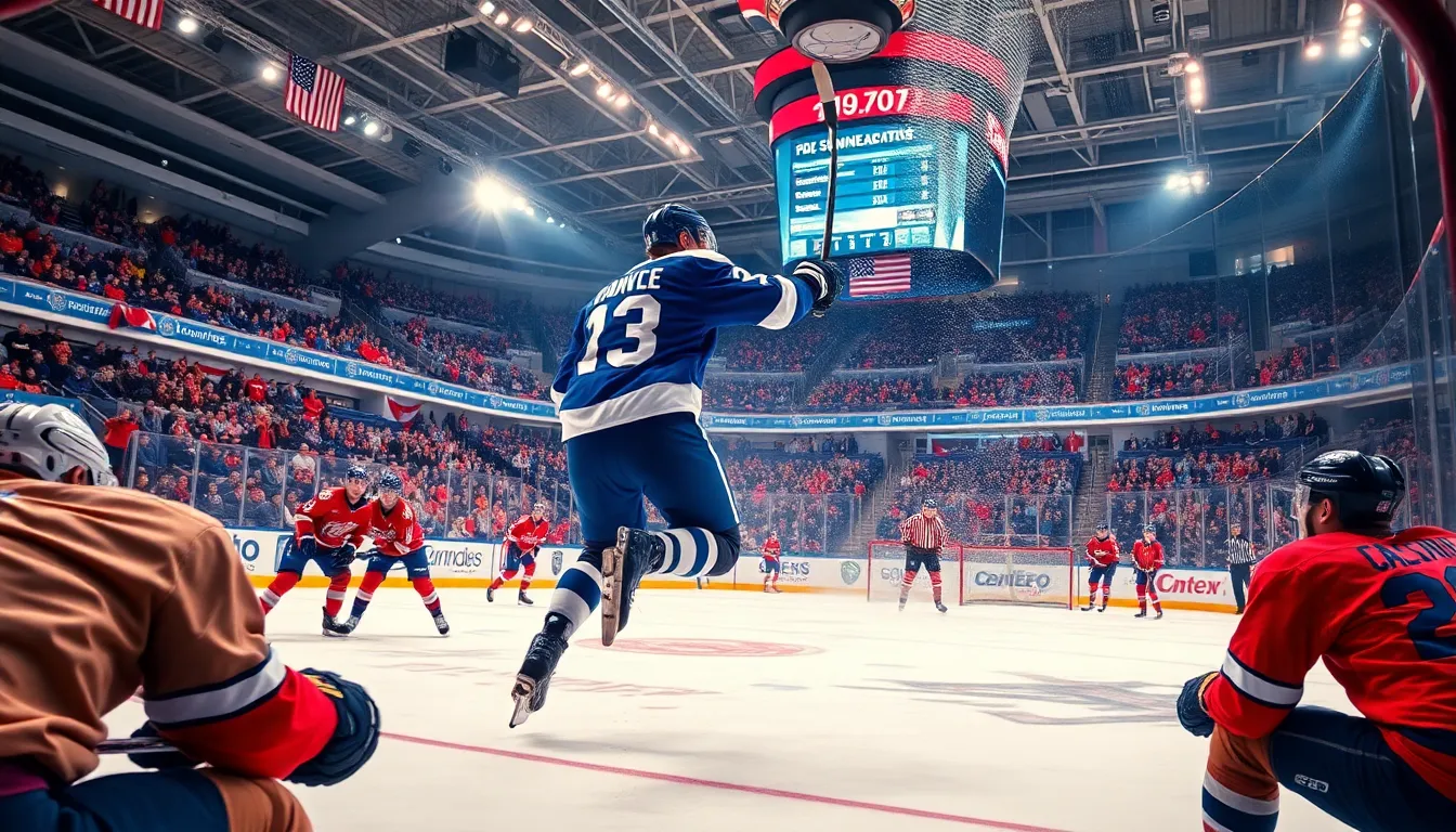 A tense ice hockey game with players and passionate fans in the arena.