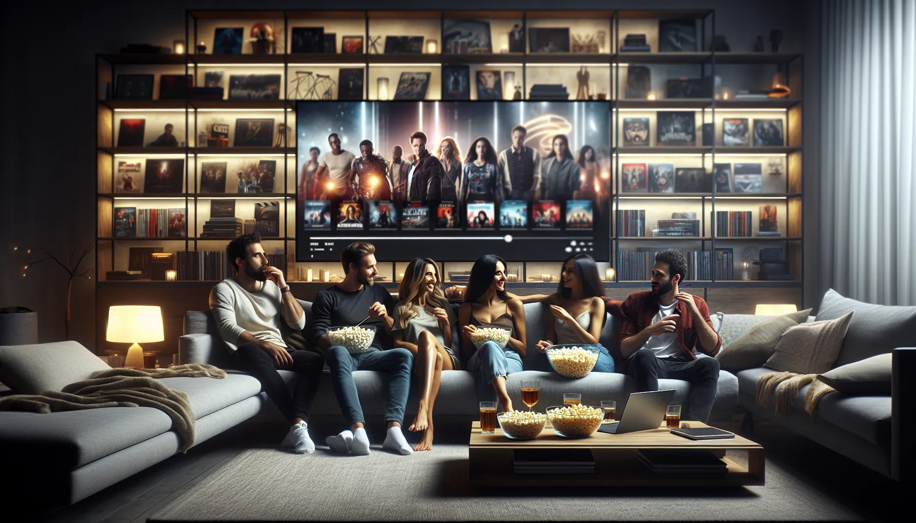 group of friends enjoying a movie night at home with Wapz.org.