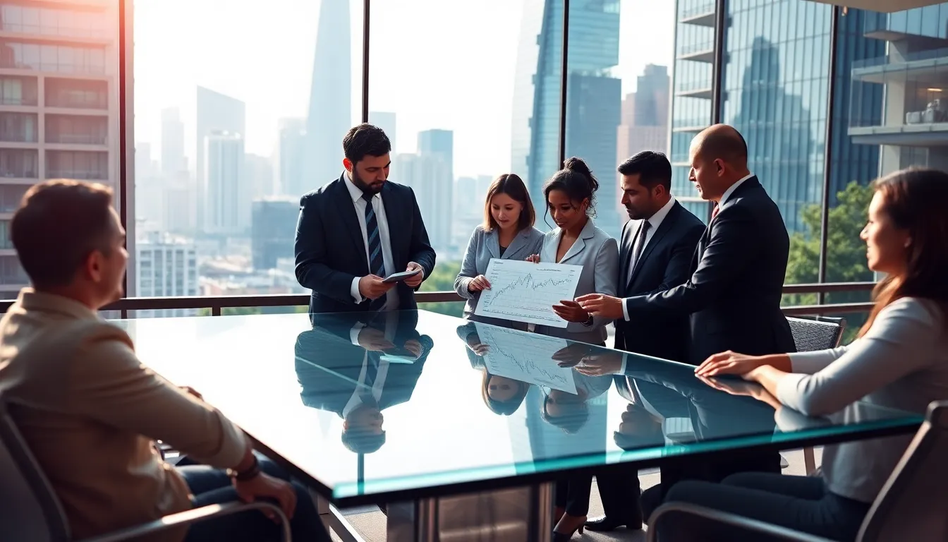 diverse team collaborating in a modern financial district.