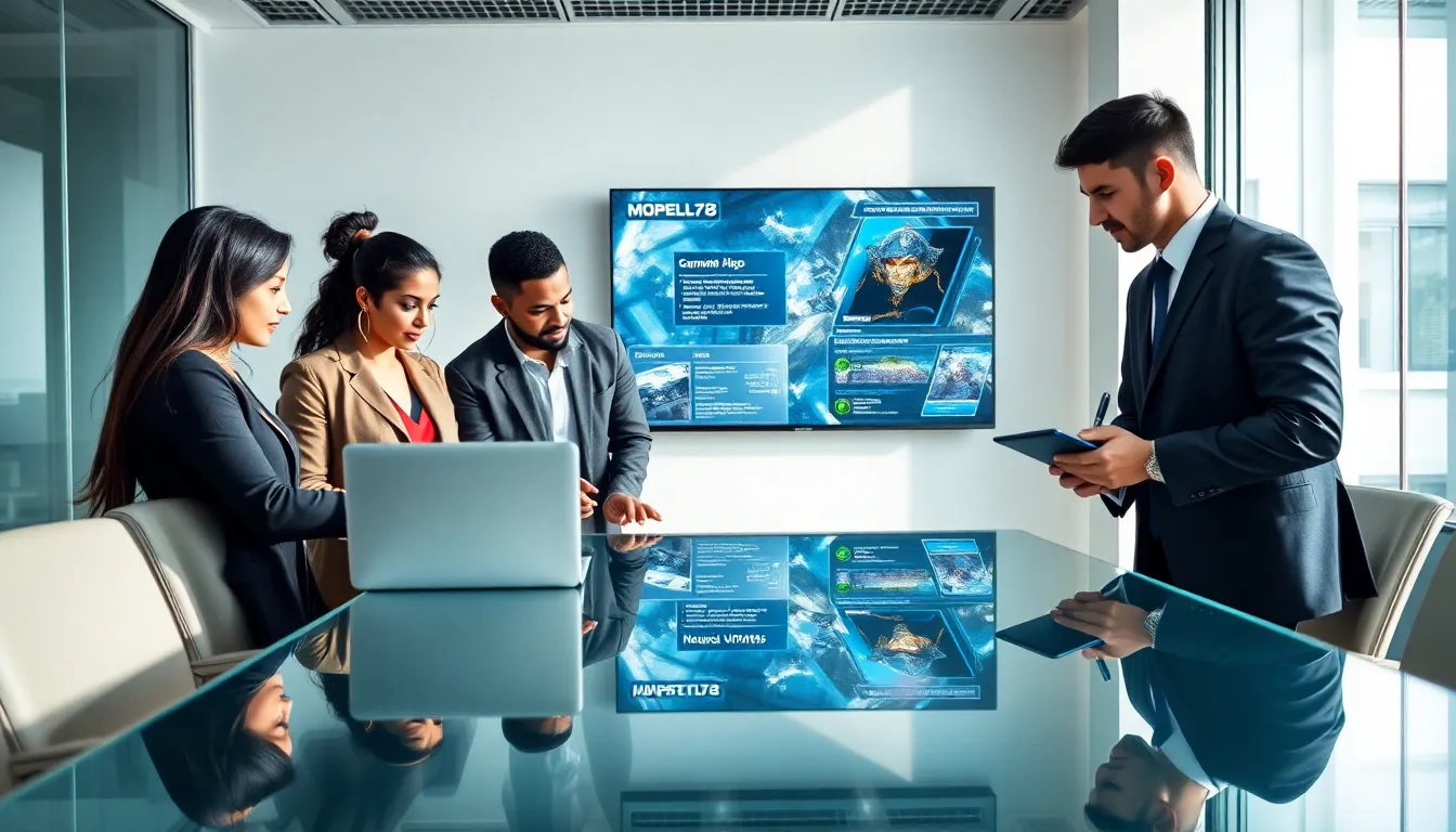 diverse professionals discussing the demanding game Mopfell78 in an office.