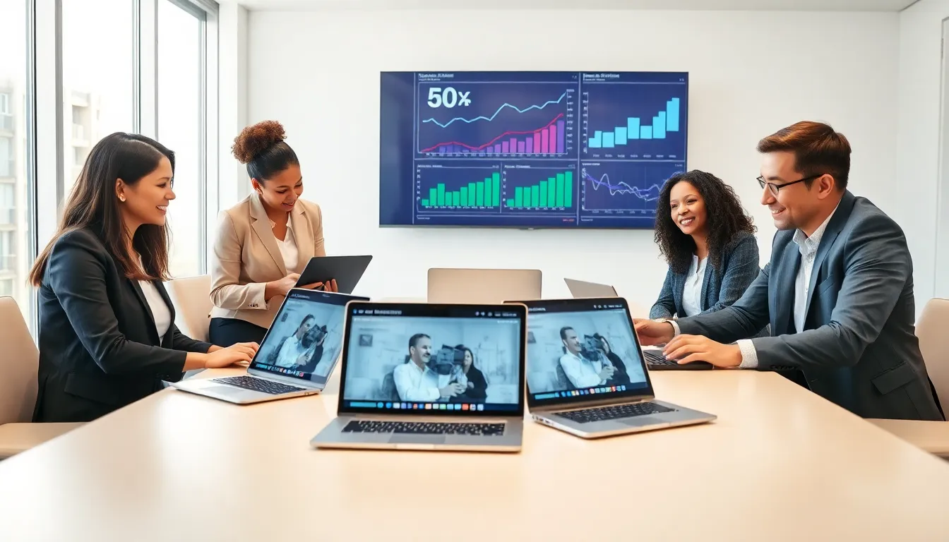 diverse team collaborating in a modern office using technology.
