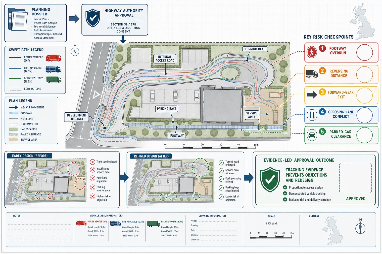 UK site plan infographic showing vehicle tracking for planning and highway approval.