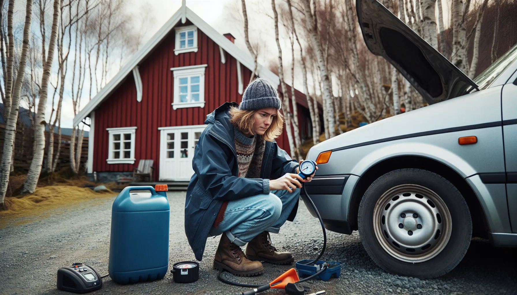 Norwegian woman checking tire pressure at home with diy car care tools.