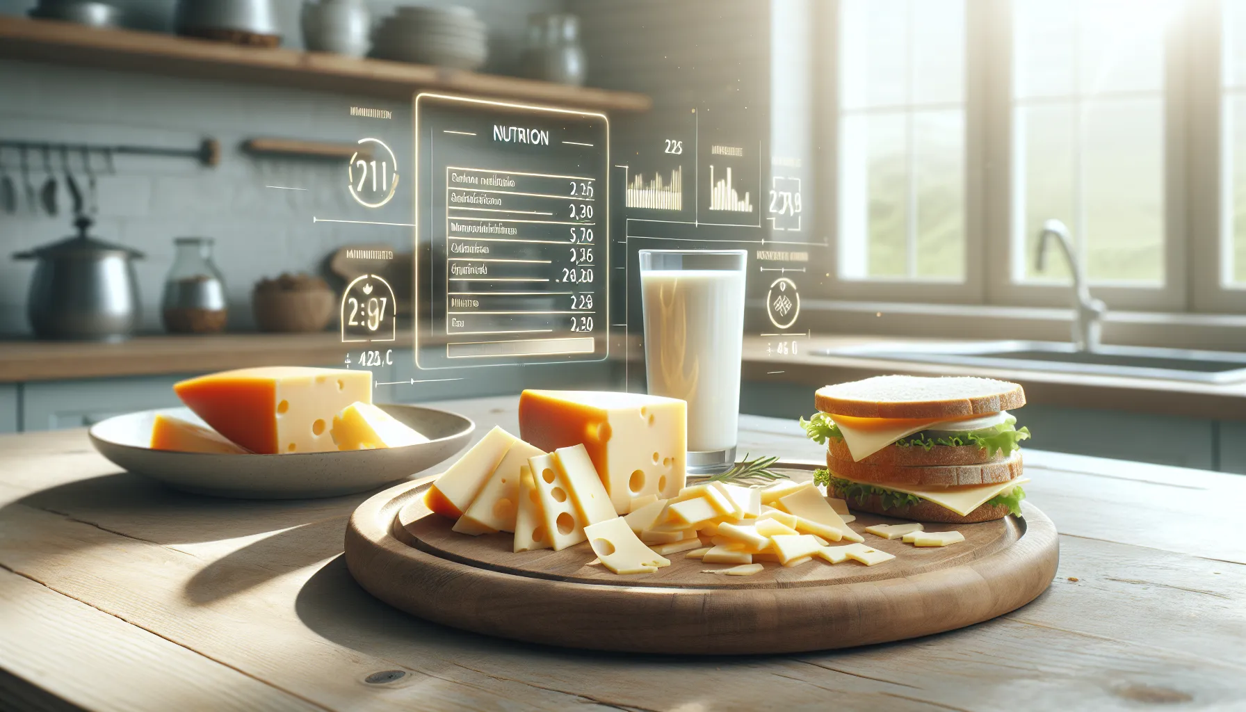 Gauda cheese slices with nutrition label on a kitchen counter.