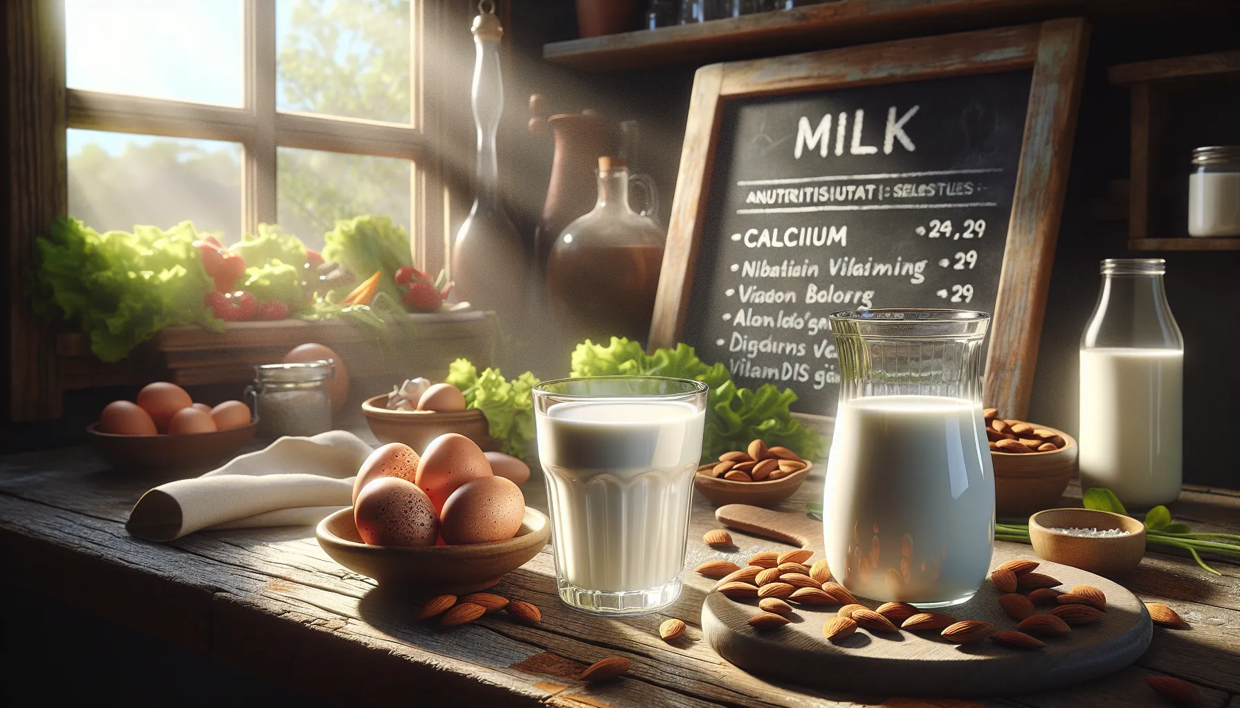 A glass of milk and brown eggs on a kitchen counter.