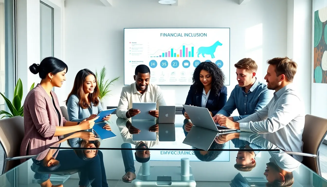 diverse team discussing financial inclusion in a modern office.