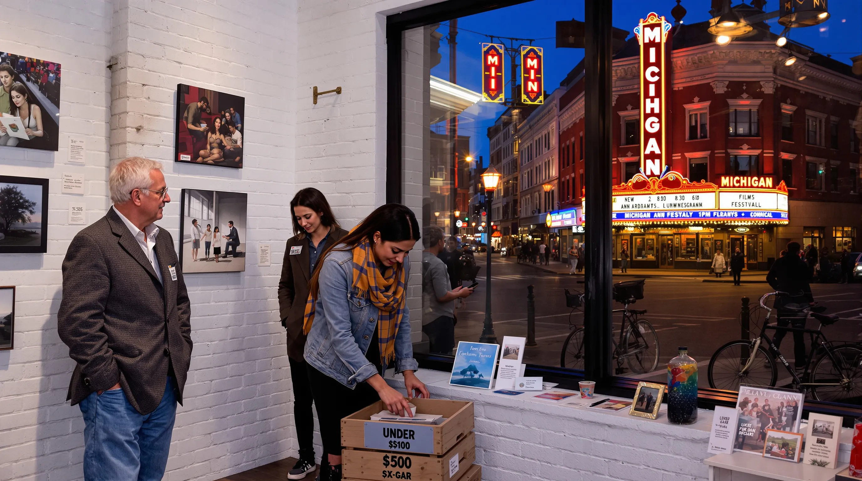 Gallery-goers browse affordable prints as Michigan Theater marquee glows in Ann Arbor.