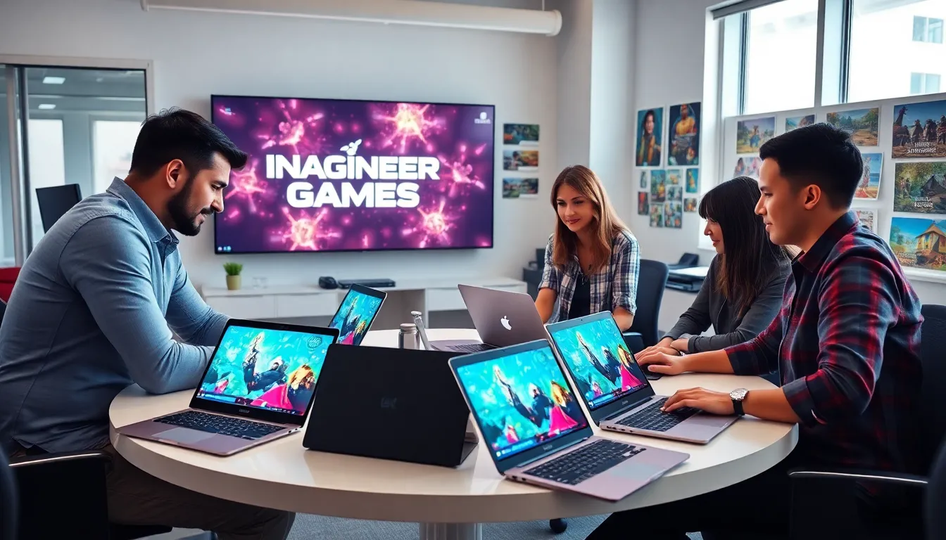 diverse team brainstorming in a modern game development office.