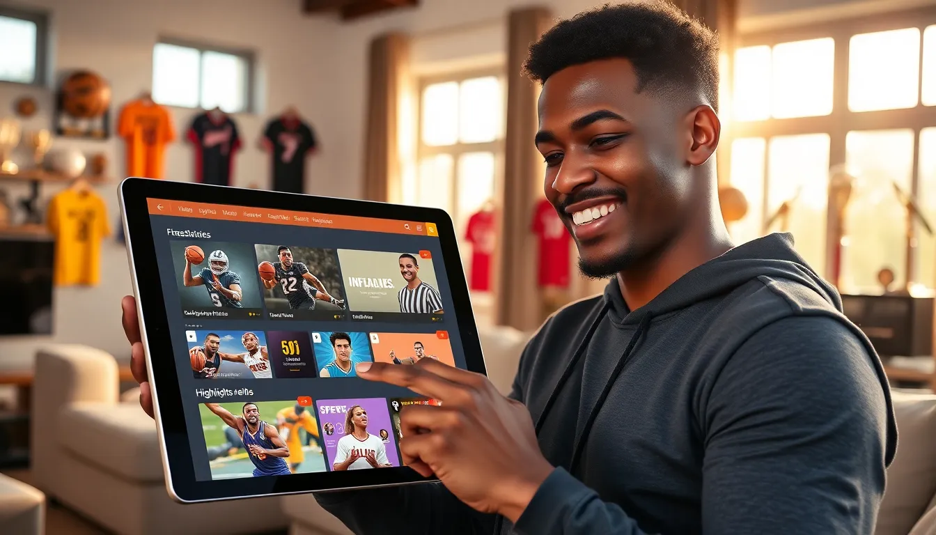 A young man engaging with the LatestSportsBuzz platform on a tablet.
