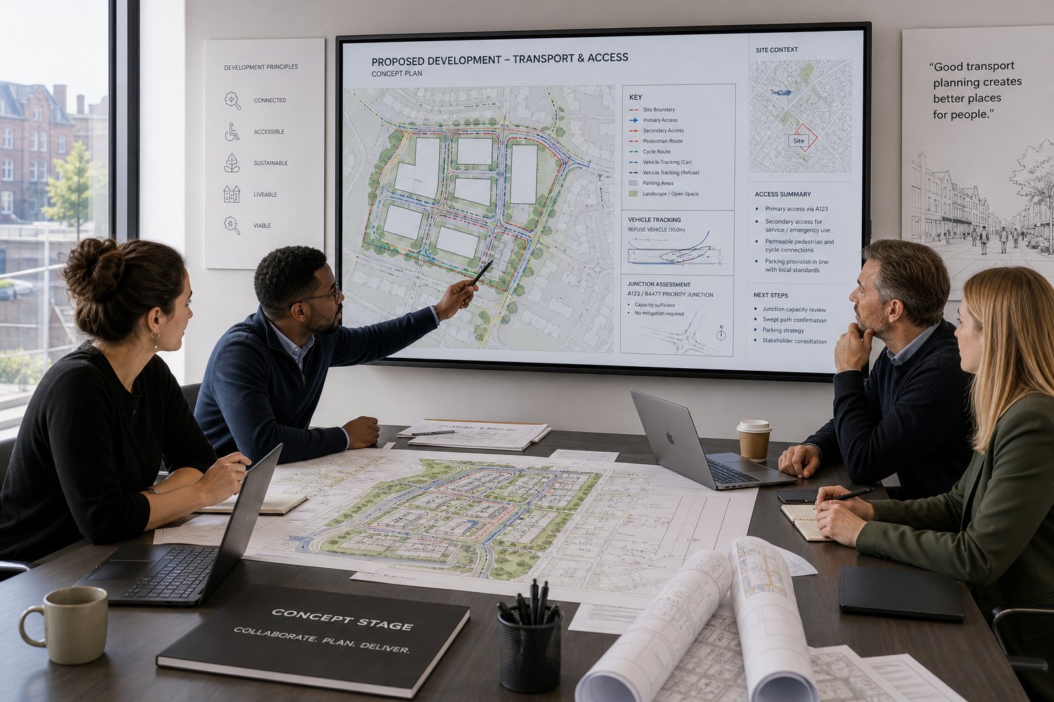 Transport planning team reviewing a UK development layout in a modern office.