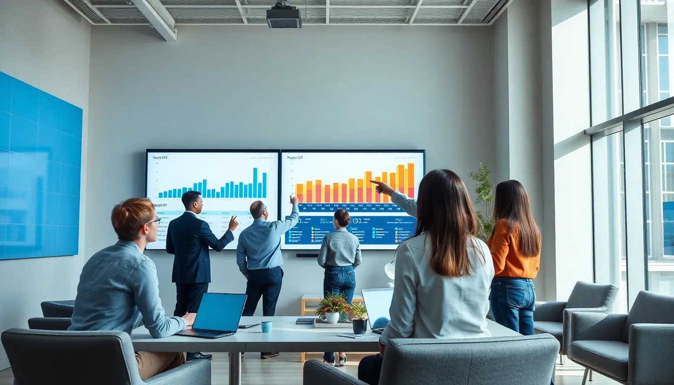 diverse team collaborating in a modern office analyzing data visuals.