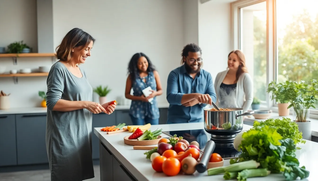 diverse group cooking healthy meals in a modern kitchen.