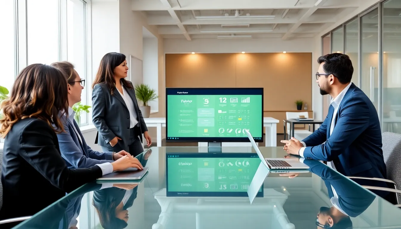 diverse team collaborating on a tech platform in a modern office.