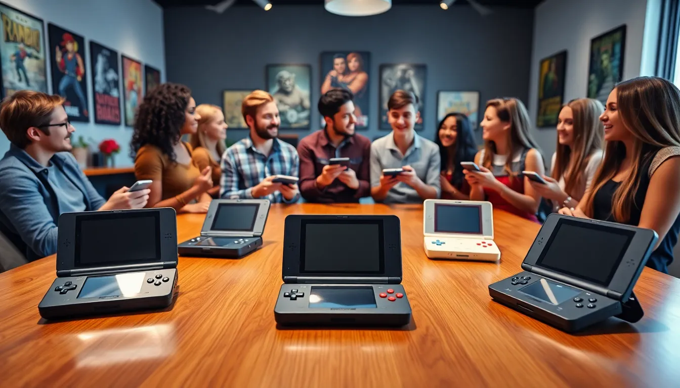 diverse group enjoying retro gaming handhelds in a modern setting.