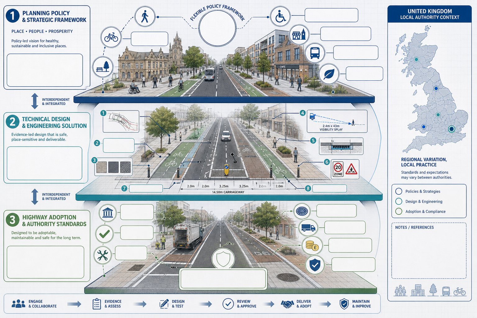 UK infographic showing planning, design, and highway adoption layers for regeneration schemes.