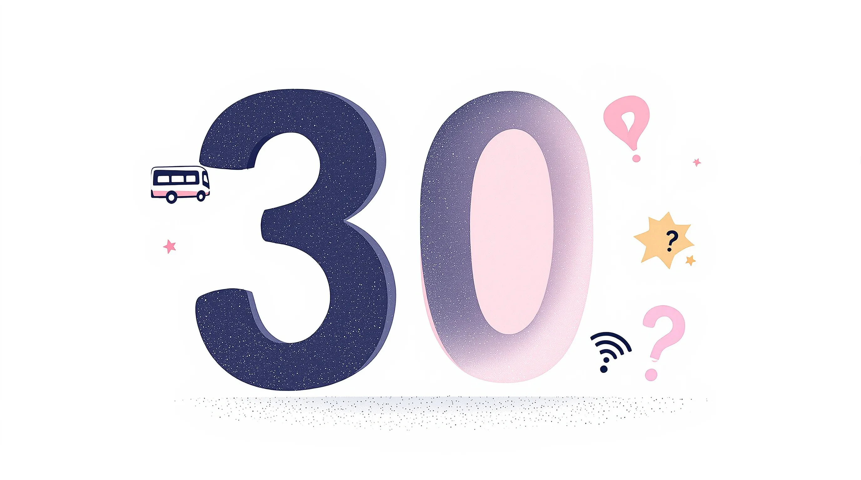 Minimalist number 30 with playful icons symbolizing quirky birthday thoughts.