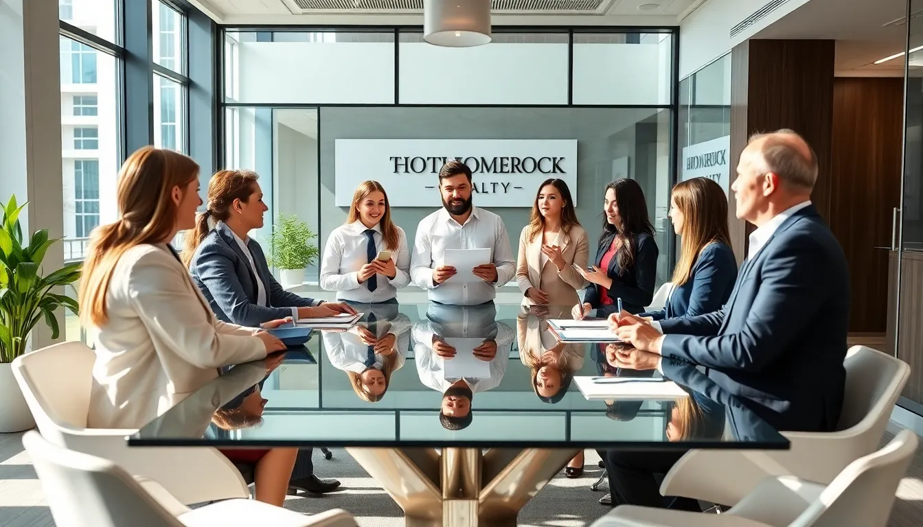 diverse real estate team collaborating in a modern office setting.