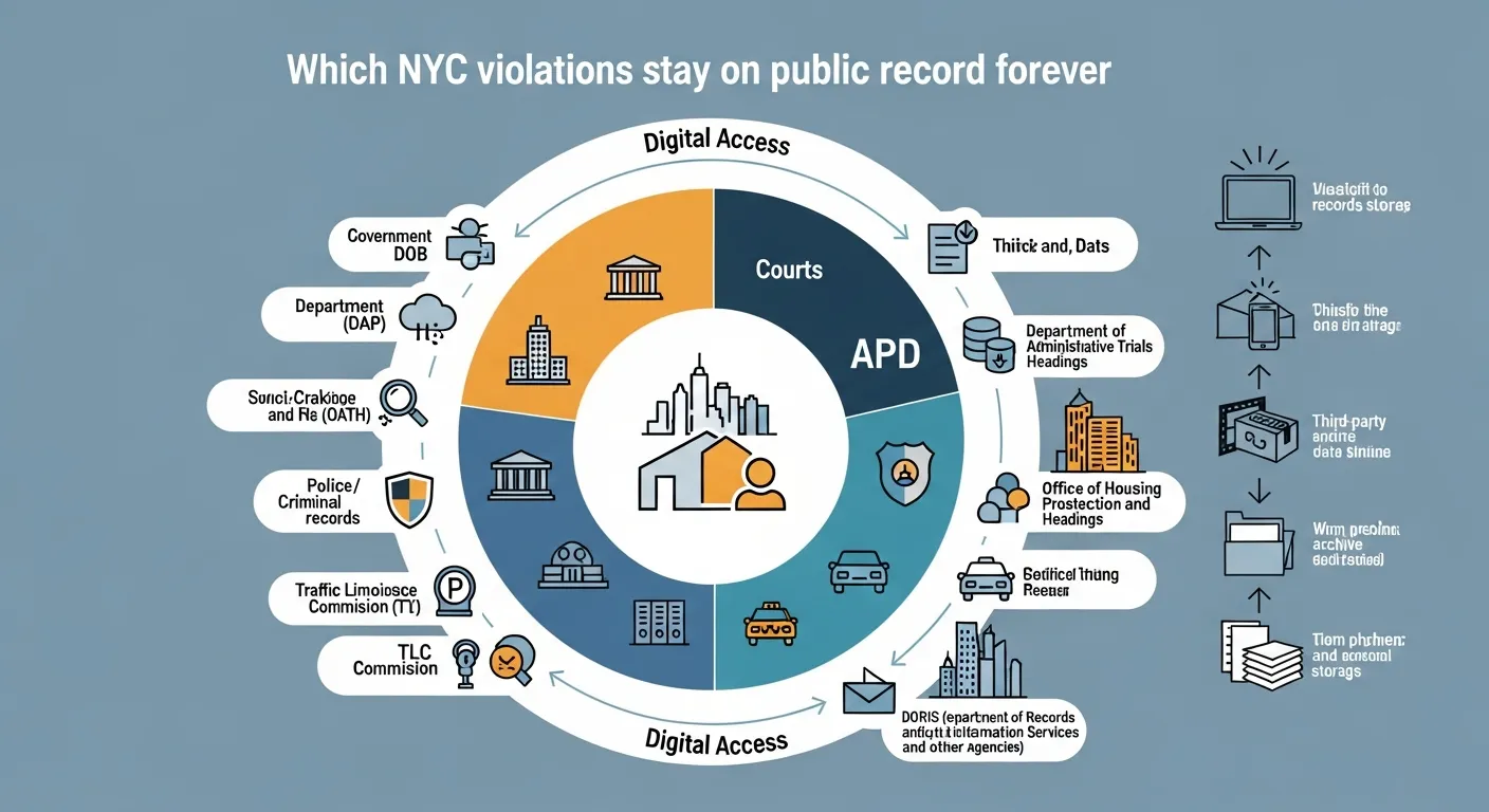 Layered diagram showing NYC agencies and digital systems keeping violations on record indefinitely.
