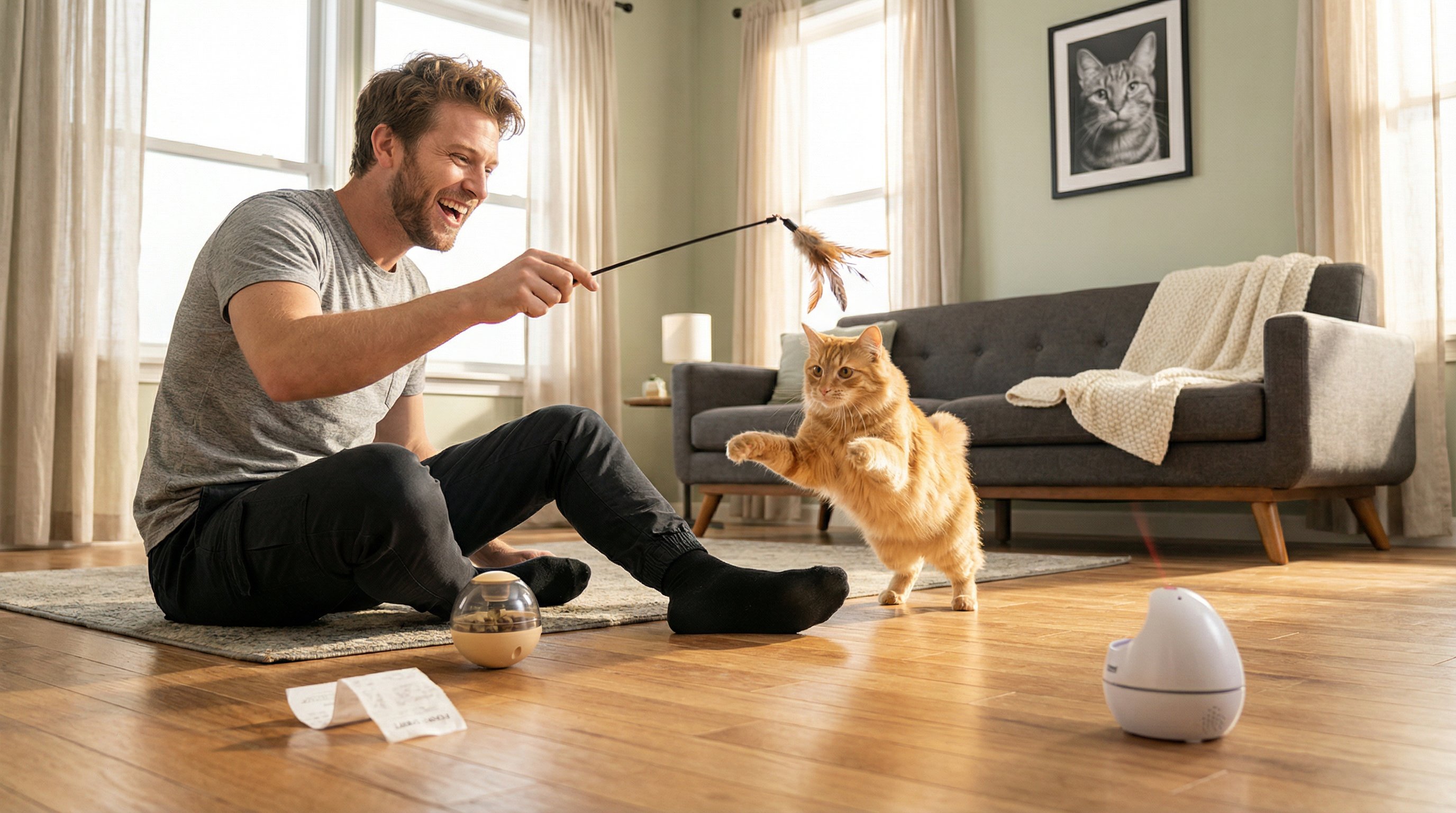 A cat dad playing with his orange tabby using interactive toys on the floor.
