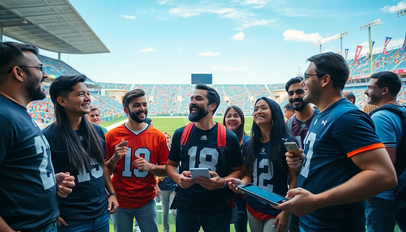 Diverse football fans engaged in discussion at a modern stadium.