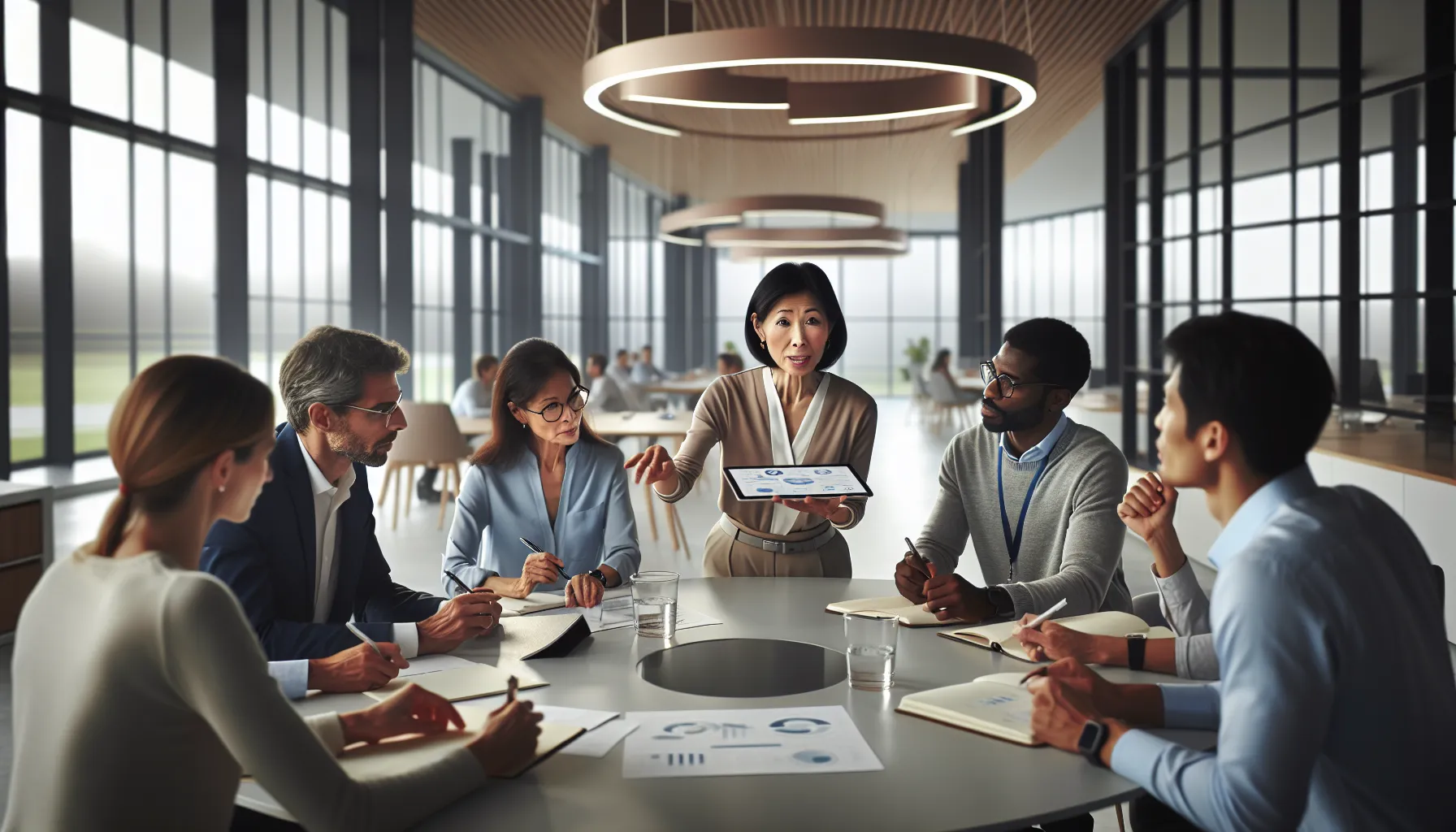 diverse professionals discussing a topic in a modern classroom setting.