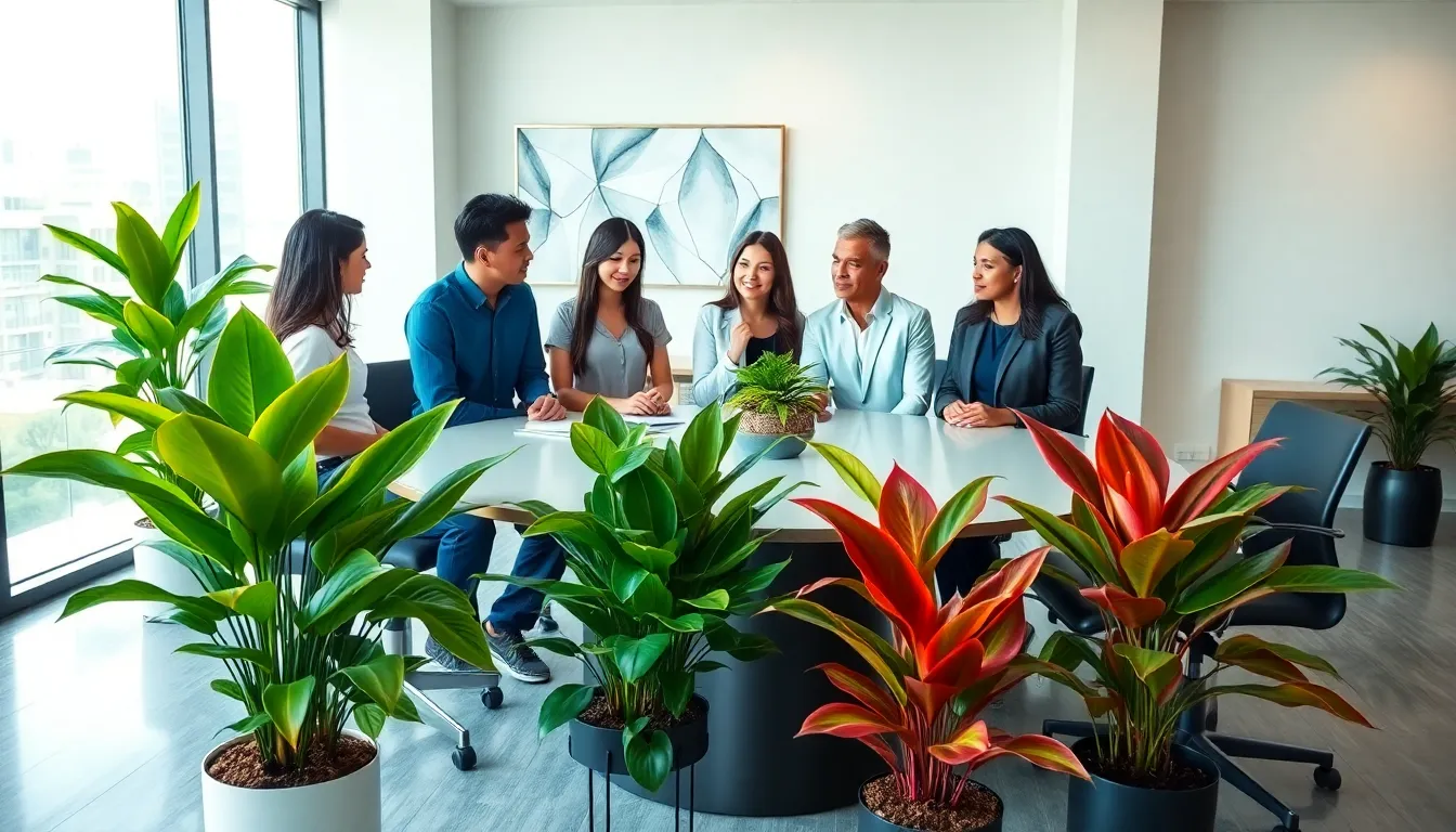 professionals discussing Aglaonema plants in a modern office.