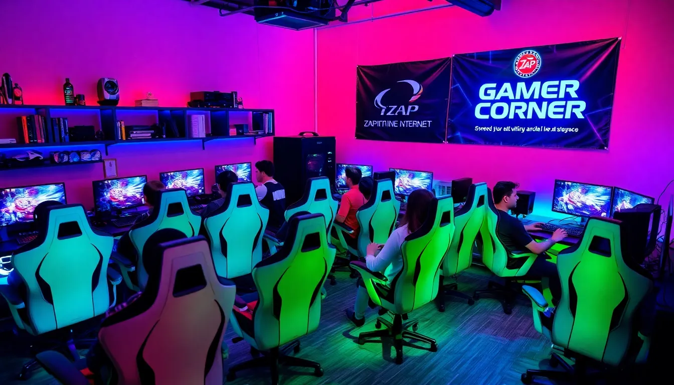 diverse gamers in a vibrant gaming corner with high-performance setups.