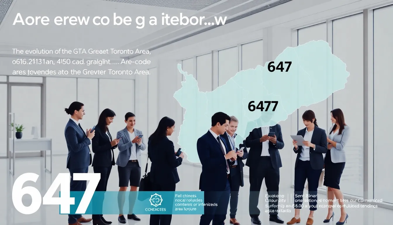 Infographic on area code 647 with diverse professionals in a modern office.