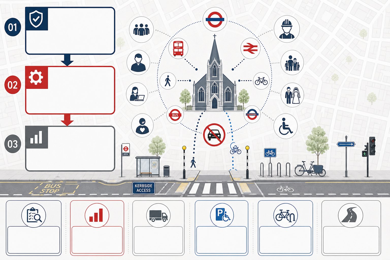 Infographic of a car-free church transport assessment in Central London.