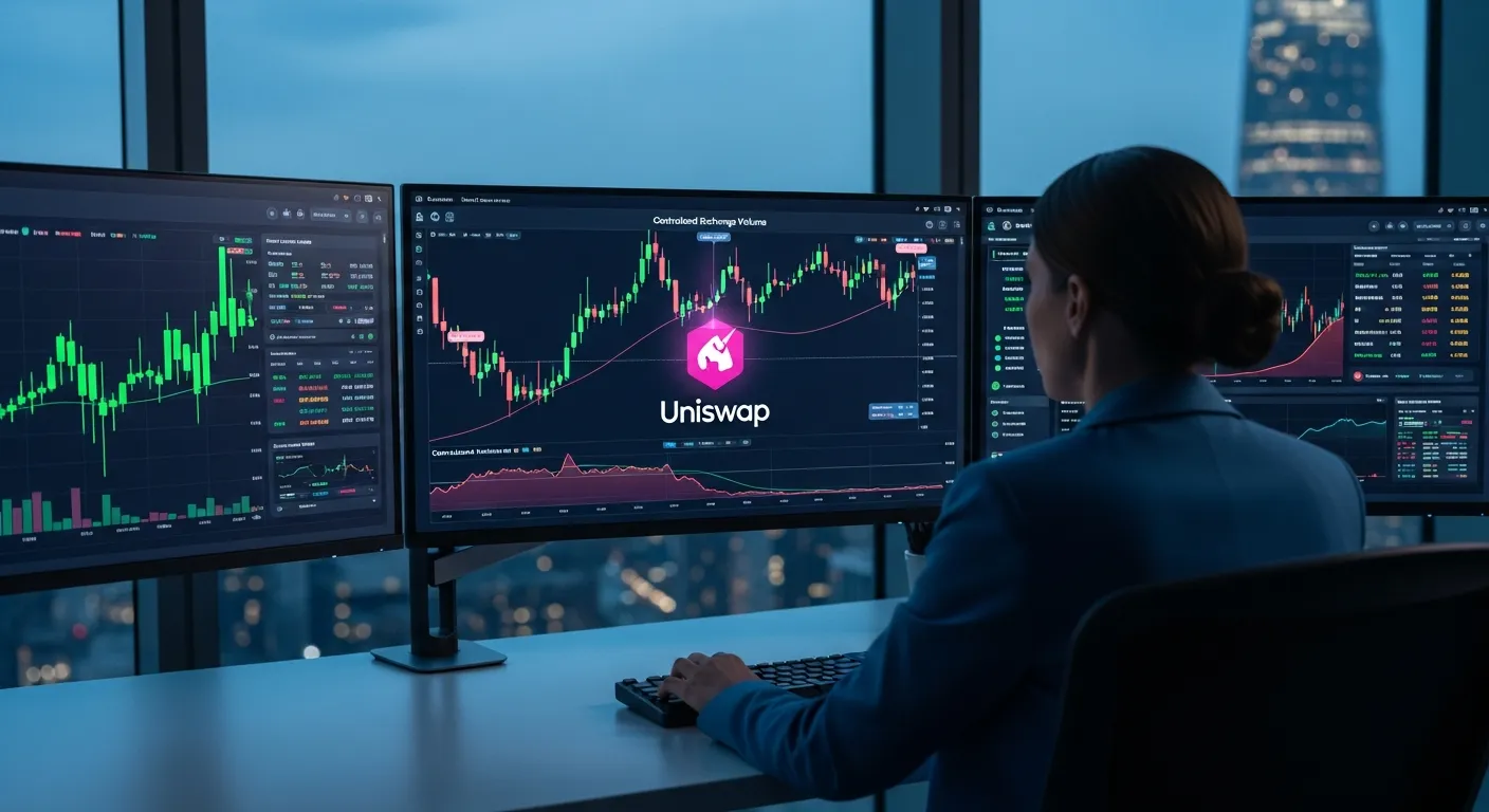 A financial analyst reviewing Uniswap growth charts on multiple screens in a modern high-rise office.
