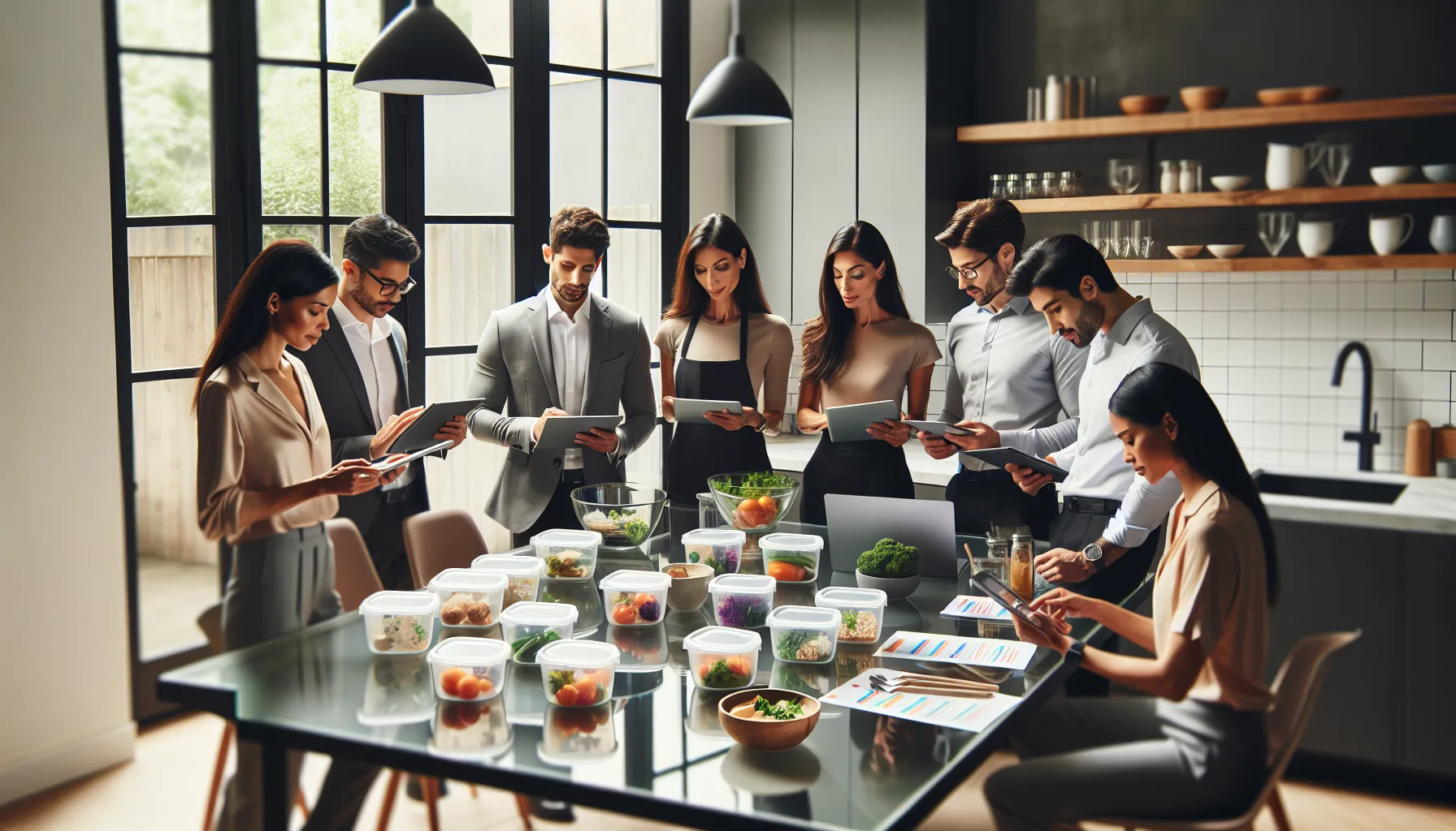 professionals collaborating on meal planning in a modern kitchen.