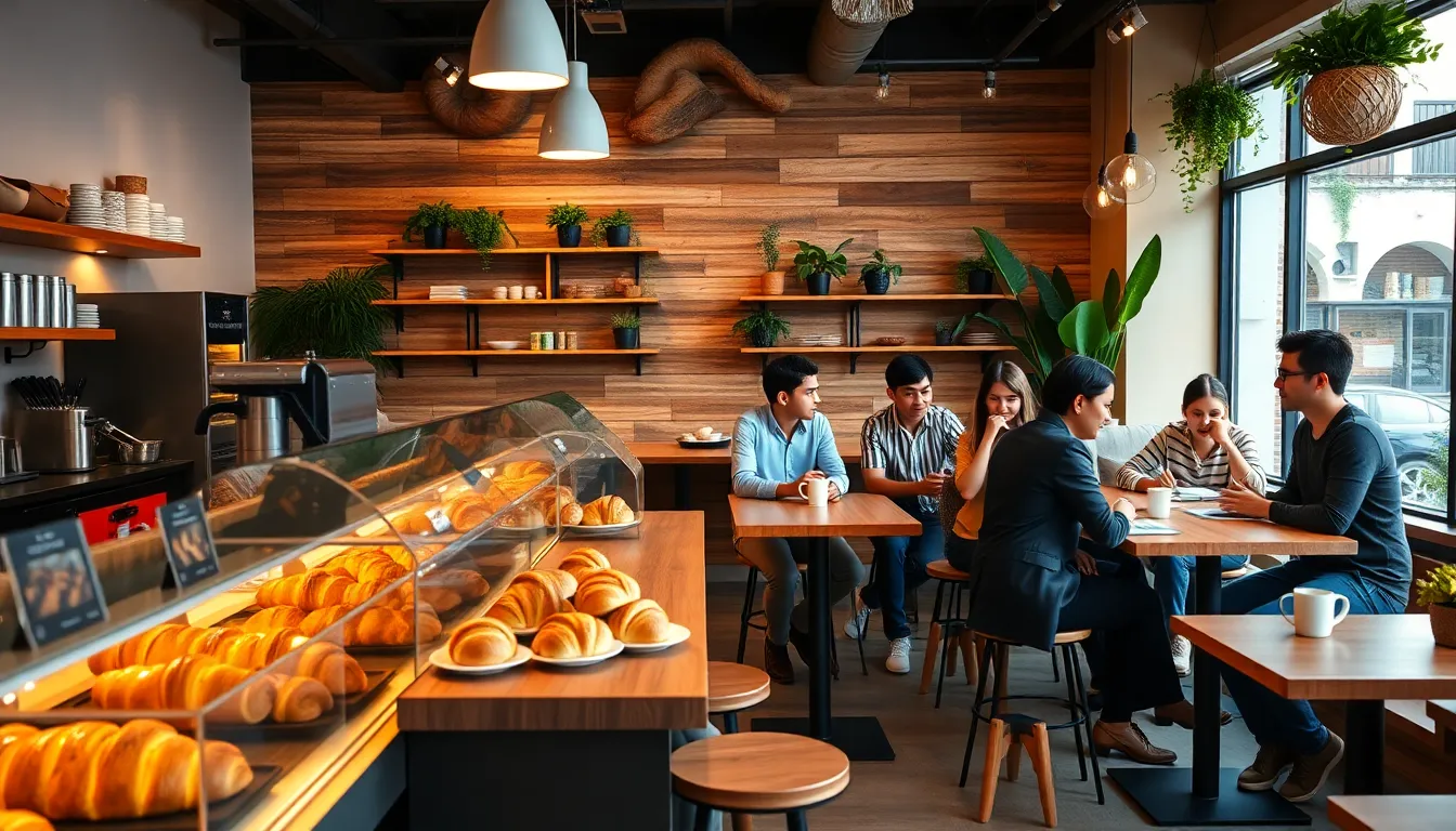 diverse people enjoying coffee and pastries in a modern bakery.